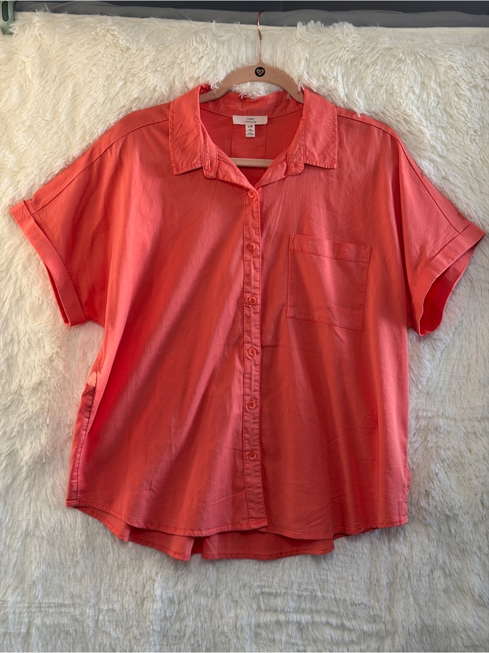 Como Vintage Womens Short Sleeve Tencel Button Up Top L Coral Soft Casual Office